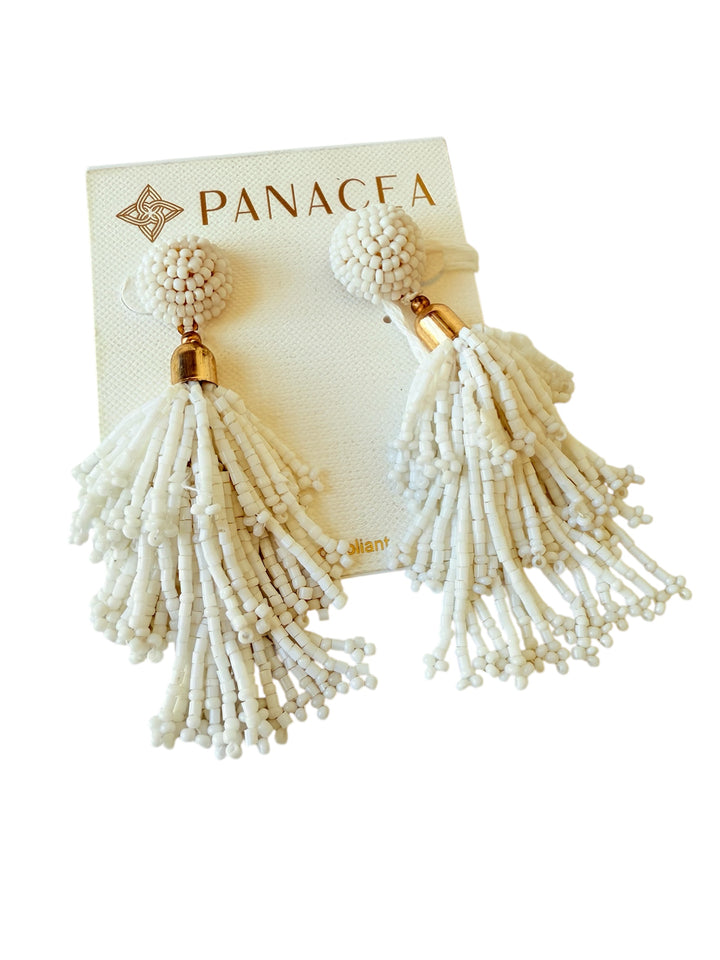 Anthropologie Panacea White Beaded Fringe Pierced Earrings