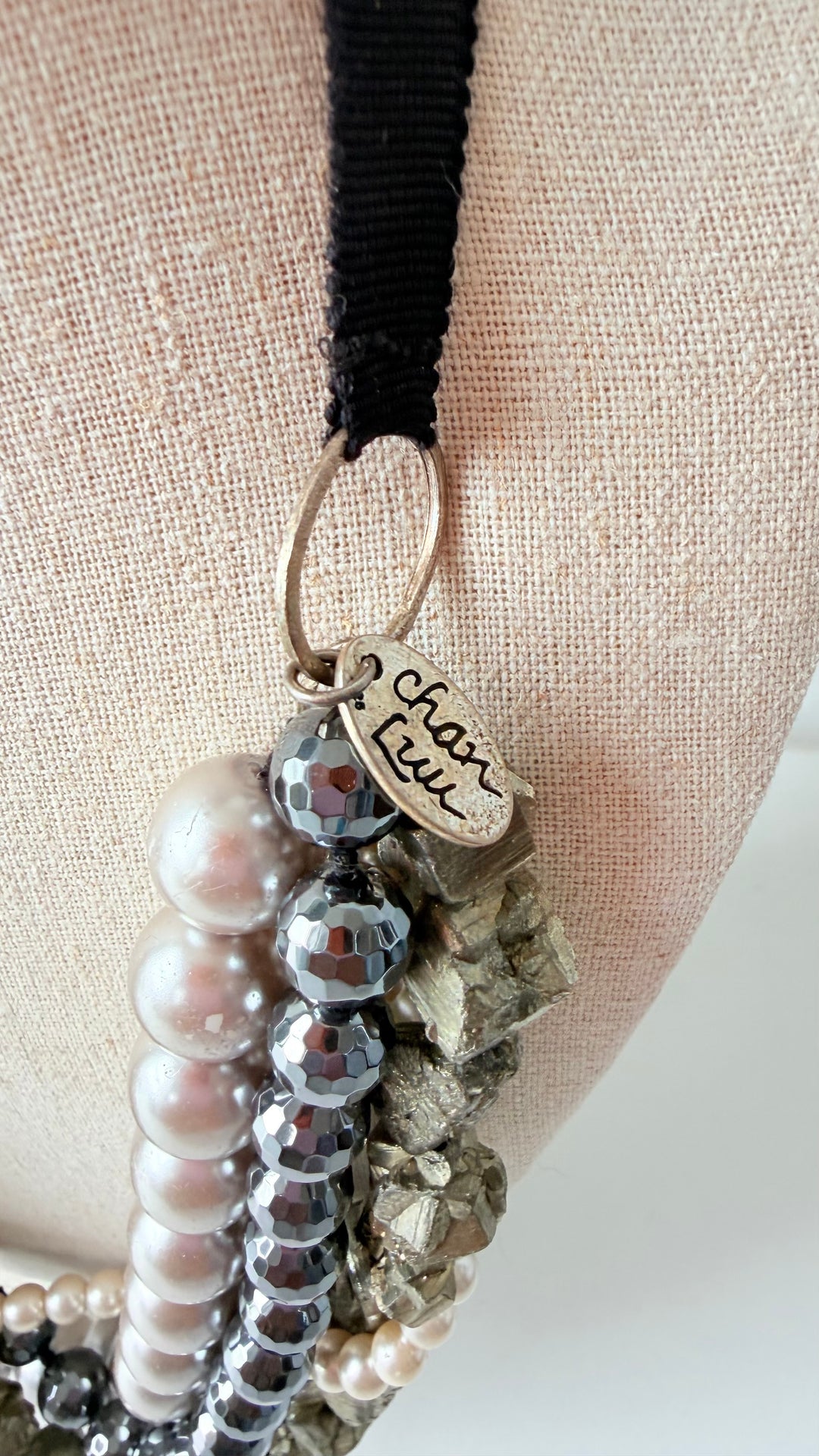Chan Luu Mixed Media Multistrand Statement Necklace Grey/Black/Pearl