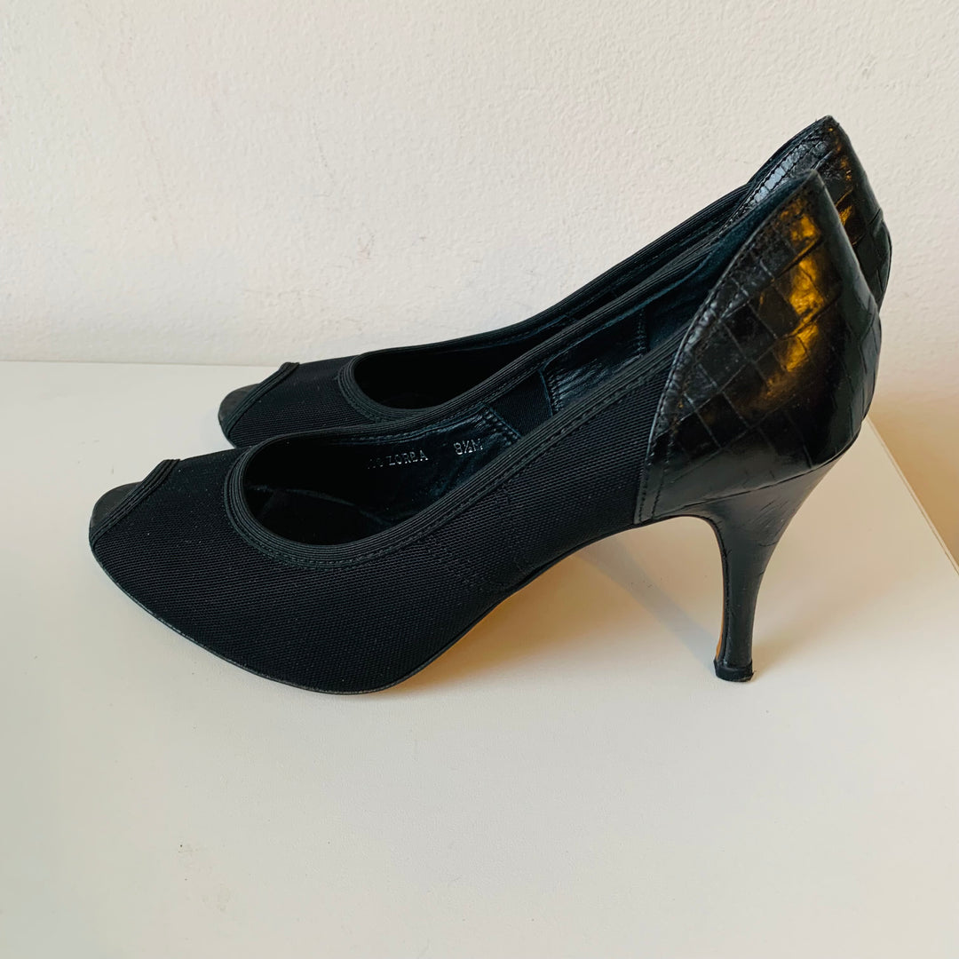 Donald J Pliner Couture Sand/Espresso Black Congo Mesh Elastic Prep Toe Pumps Size 8.5 Women’s