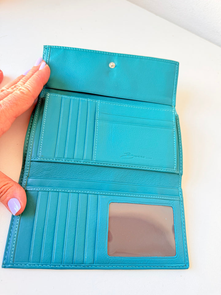 Bosca Leather Navy Blue & Aqua Fold Over Wallet
