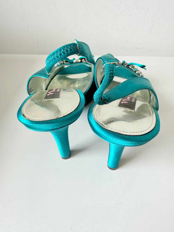 Nina Teal Blue Milika Satin Crystal Embellished Peep Toe Heeled Slingbacks Size 8