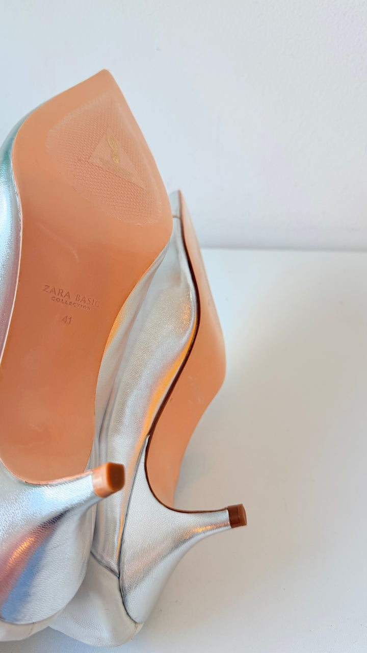 Zara V-Cut Silver Mettalic Kitten Heel Pumps Size 41 NEW/Retired 2017