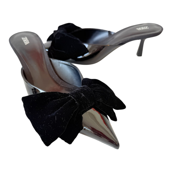 Zara Black Patent Bow Mule Heeled Kitten Heels Size 38 New