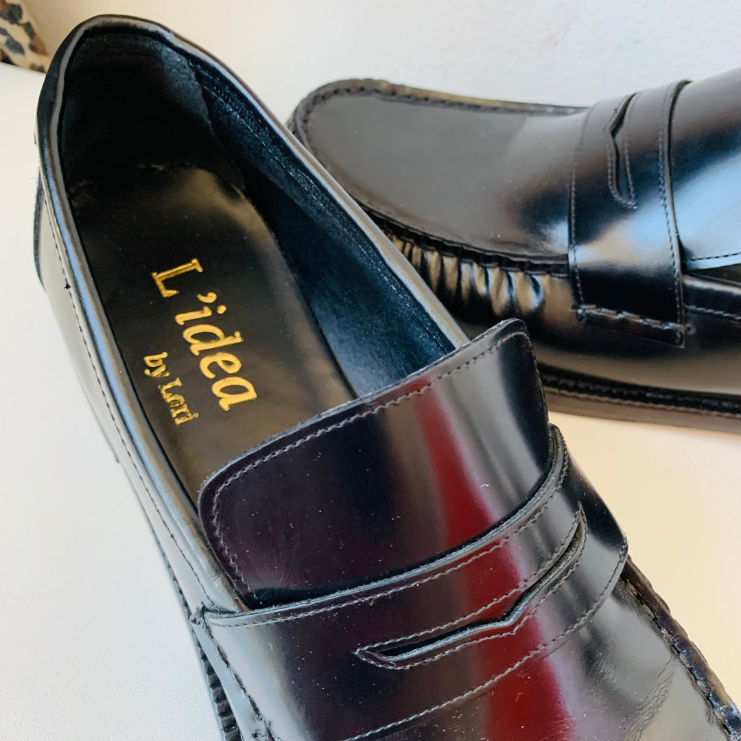 L’Idea By Lories Black Leather Penny Loafers Size 39.5