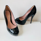 Gucci Vernice Crystal Black Patent Platform Peep Toe Pump Size 38