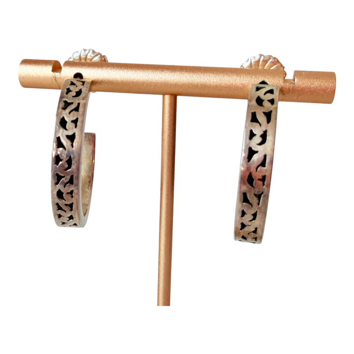 Lois Hill Vintage Sterling 925 Cut Out Oxidized Scrollwork Hoop Earrings