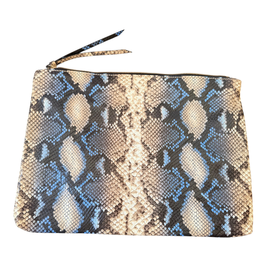 Banana Republic Faux Snakeskin Zippered Pouch Clutch In Tan/Blue