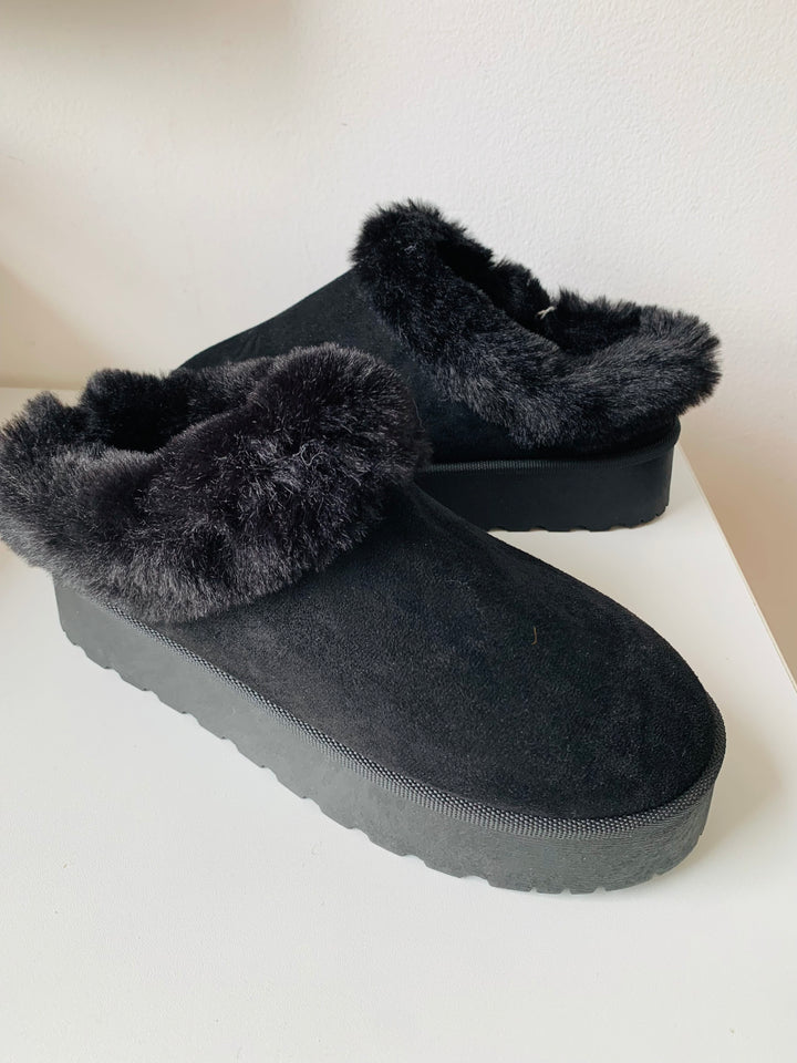 Black Suede and Faux Fur Platform Mules Size 10
