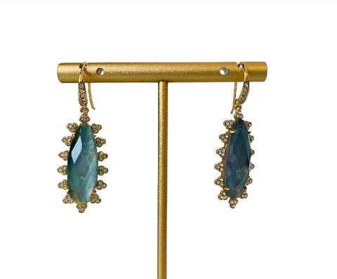 Blue/Green Stone Gold Tone Rhinestone Drop Pierced Earrings