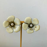 Cream Enamel Flower Pearl Pierced Earrings