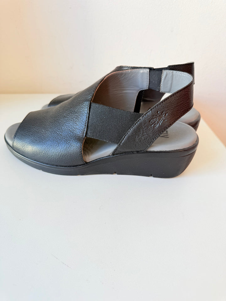 Fly London Nily Wedge Black Leather Sandals Size 39