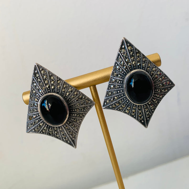 Judith Jack Vintage Sterling Onyx and Marcasite Pierced Earrings