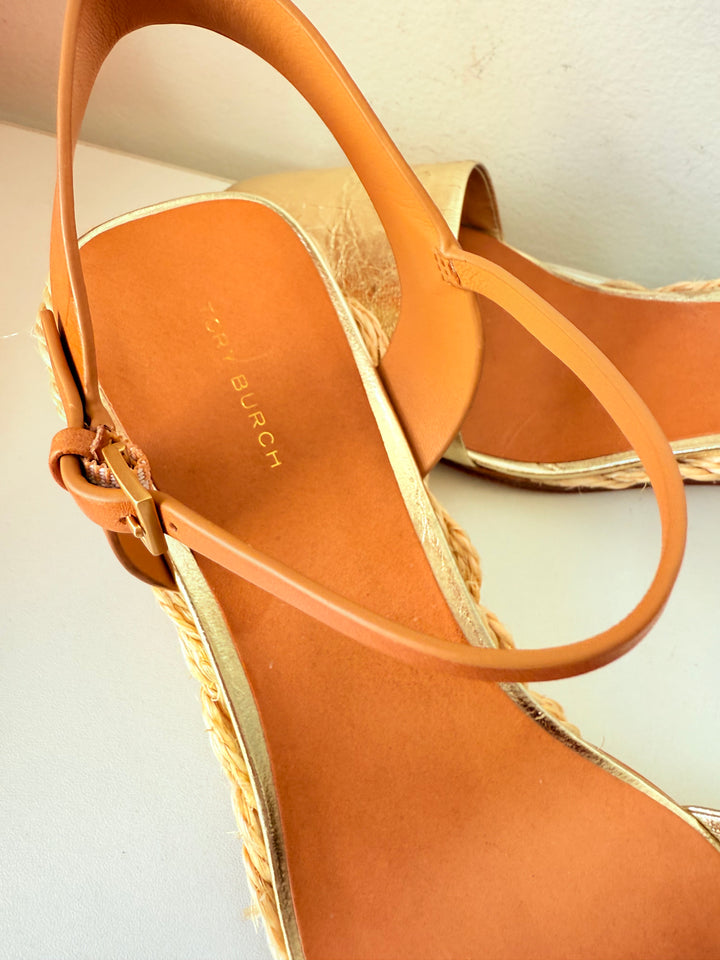 Tory Burch Gold Leather Metallic Basketweave Closed Toe Espadrille Size 10