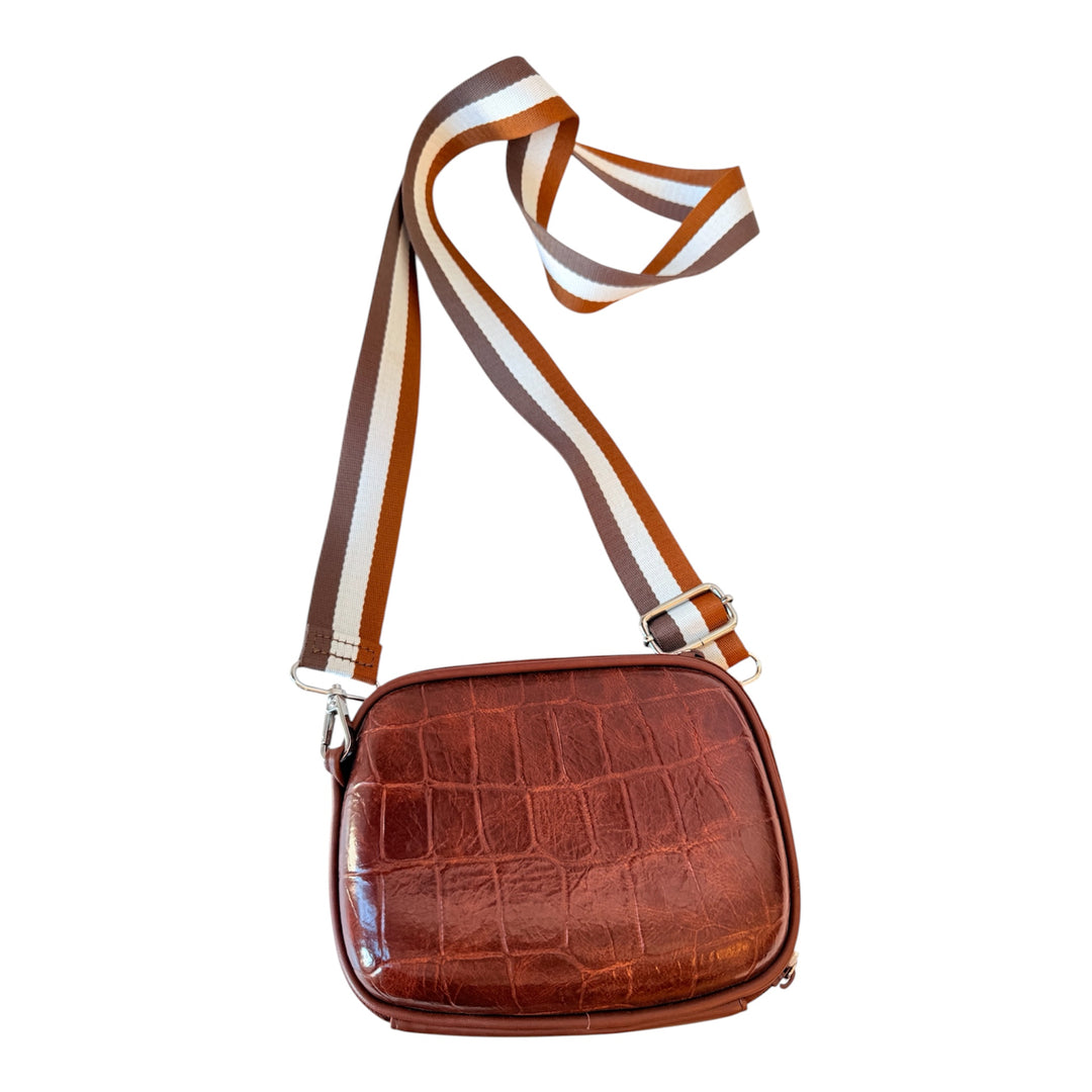 Brown Faux Croc Hard Case Leather Zip Crossbody