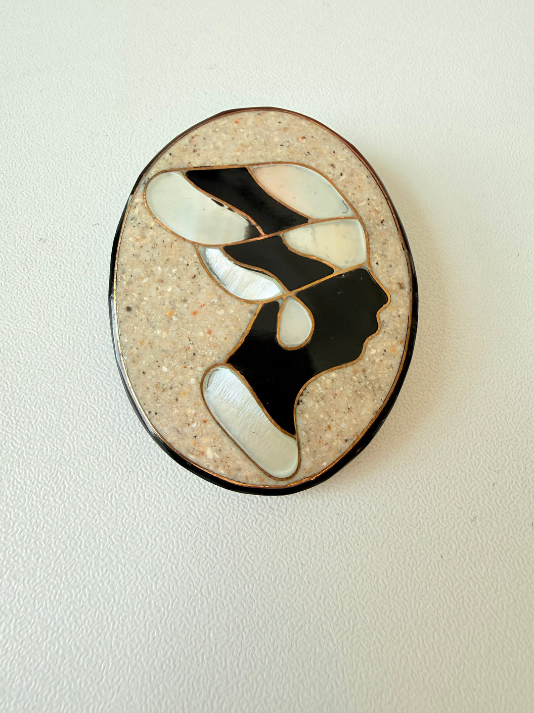 Vintage Lee Sands Art Deco Female Side Brooch in Mother of Pearl & Abalone Set In Resin
