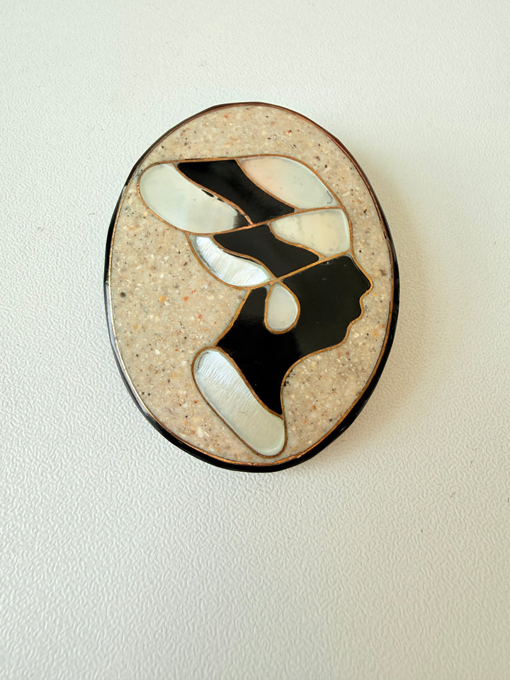 Vintage Lee Sands Art Deco Female Side Brooch in Mother of Pearl & Abalone Set In Resin
