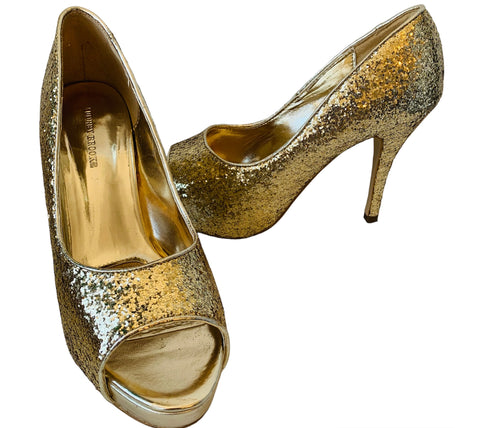 Audrey Brooke Gold Glitter Platform Peep Toe Pump Size 8