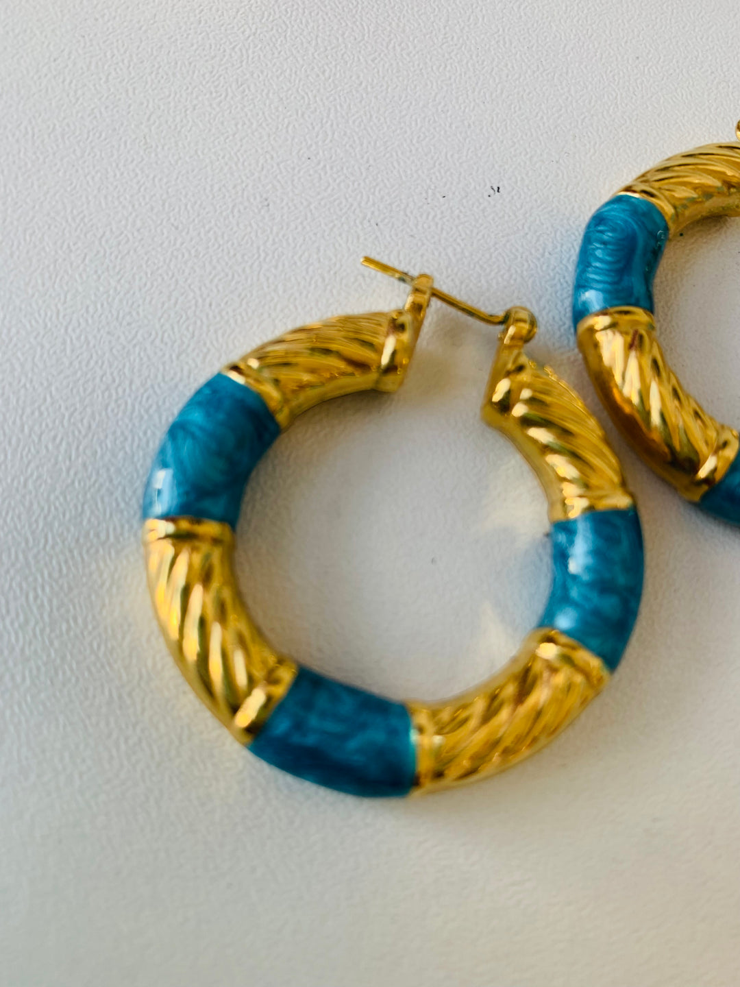 Gold and Blue Enamel Pierced Hoop Earrings
