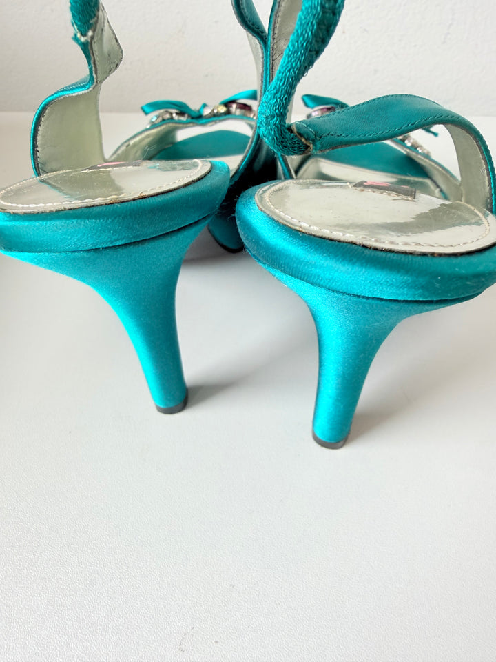 Nina Teal Blue Milika Satin Crystal Embellished Peep Toe Heeled Slingbacks Size 8