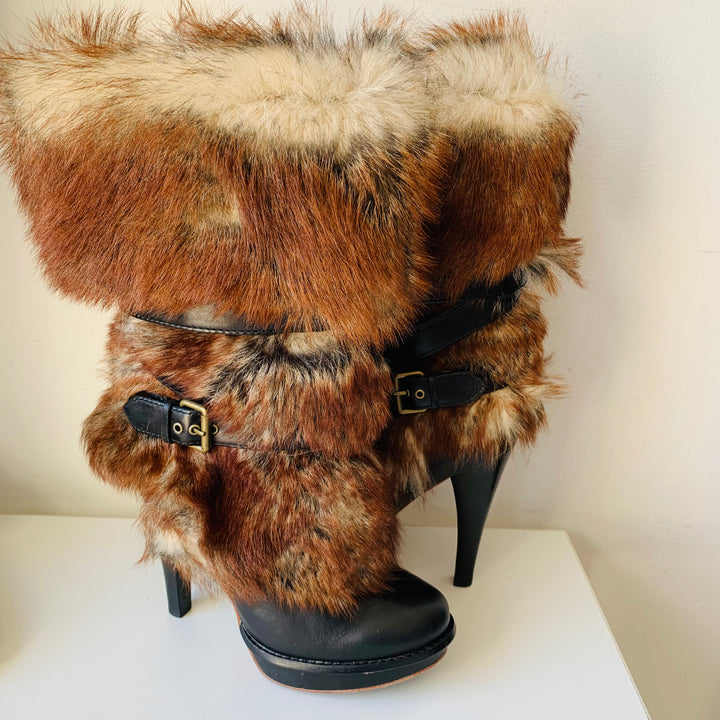 UGG Foxly Fur Leather Shearling Heeled Boots Size 6.5 In Brown Fur With Black Leather