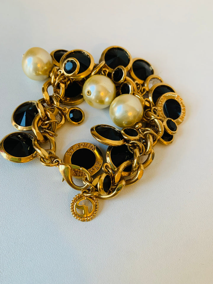 Vintage 1980’s St John Onyx Logo Clear Chicket Runway Bracelet in Gold Tone