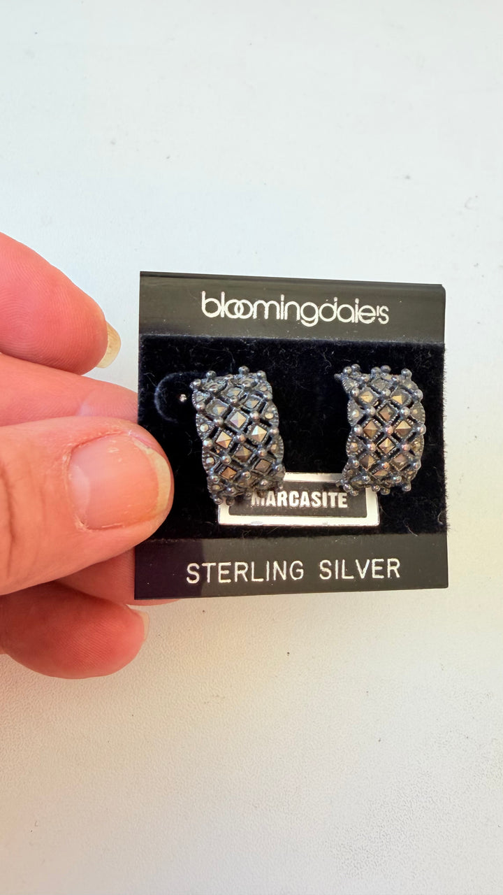 Bloomingdale’s Sterling Silver Marcasite Half Hoop Pierced Earrings NWT