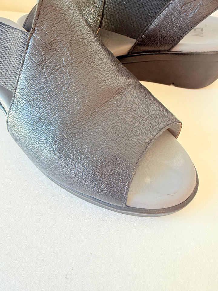 Fly London Nily Wedge Black Leather Sandals Size 39
