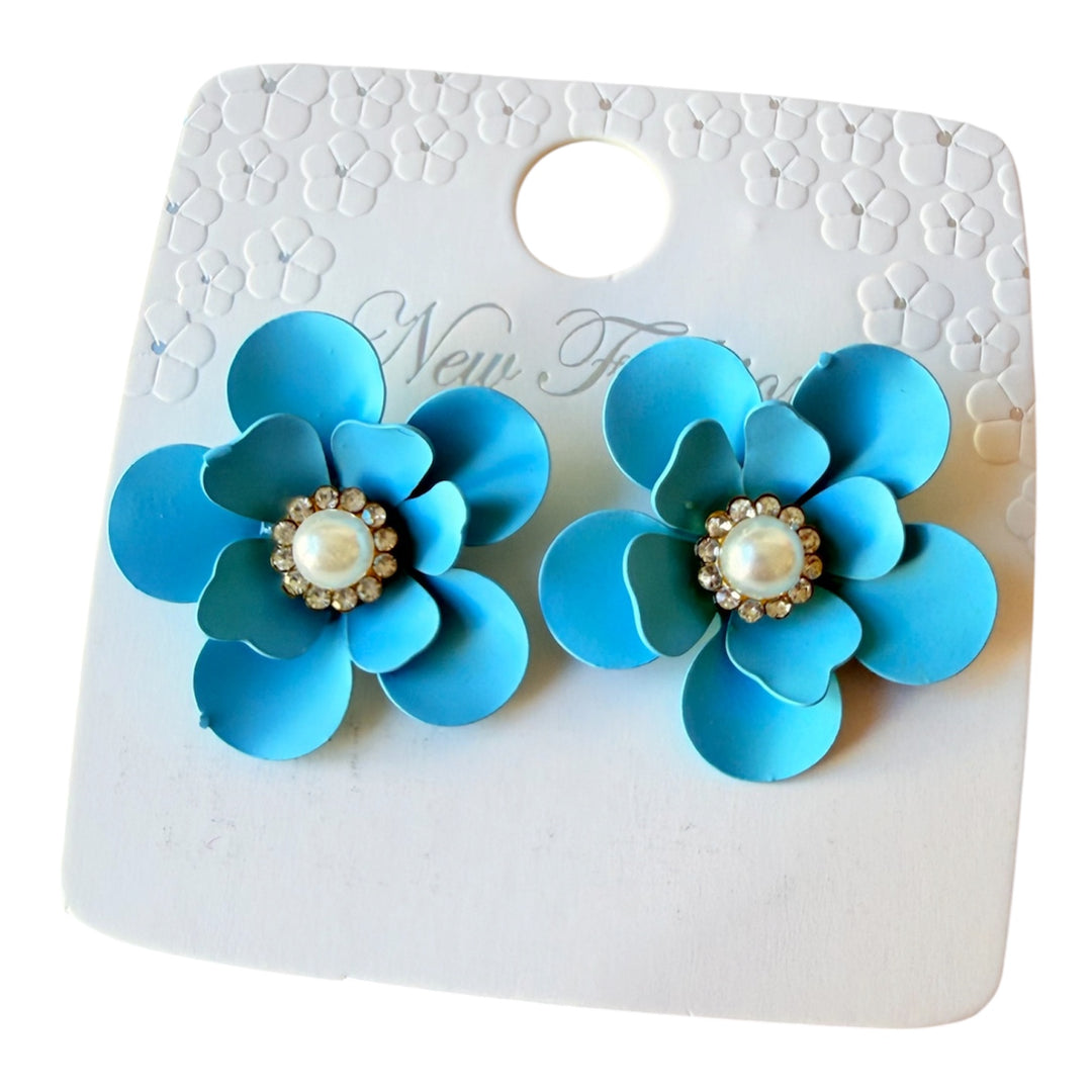 Enamel Floral Pierced Earrings In Aqua/Baby Blue NWT