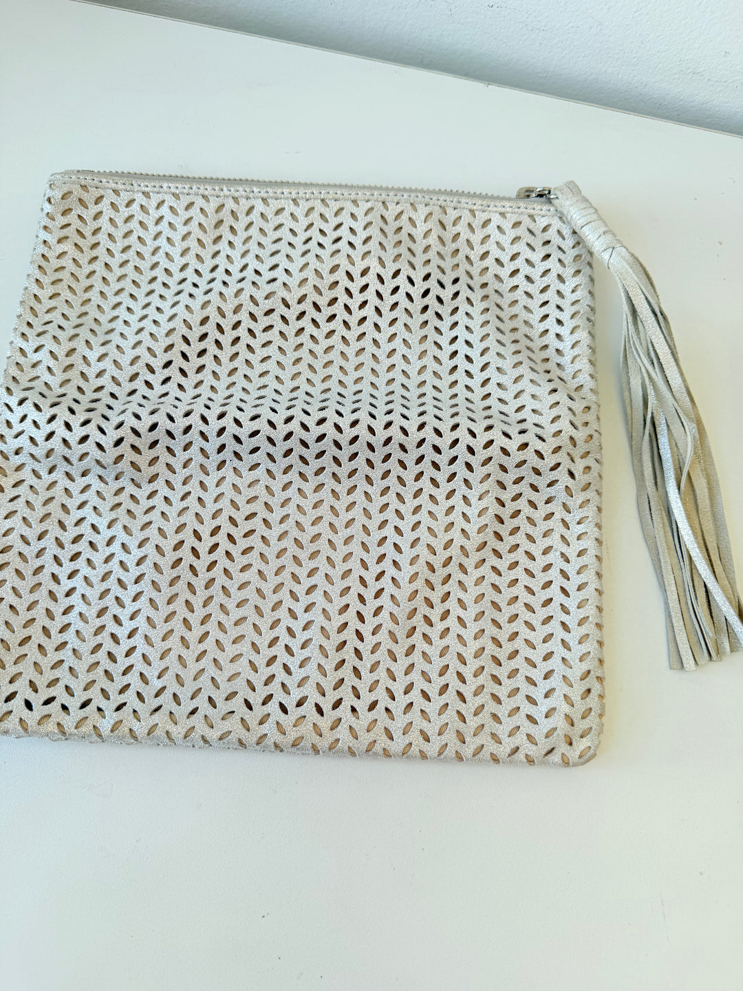 B-Low The Belt Silver Mettalic Leather Perforated Fold Over Clutch