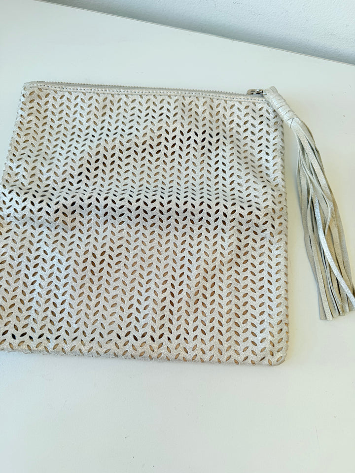 B-Low The Belt Silver Mettalic Leather Perforated Fold Over Clutch
