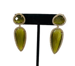 Green Drop Pierced Earrings in Gold Tone with Rhinestone Trim