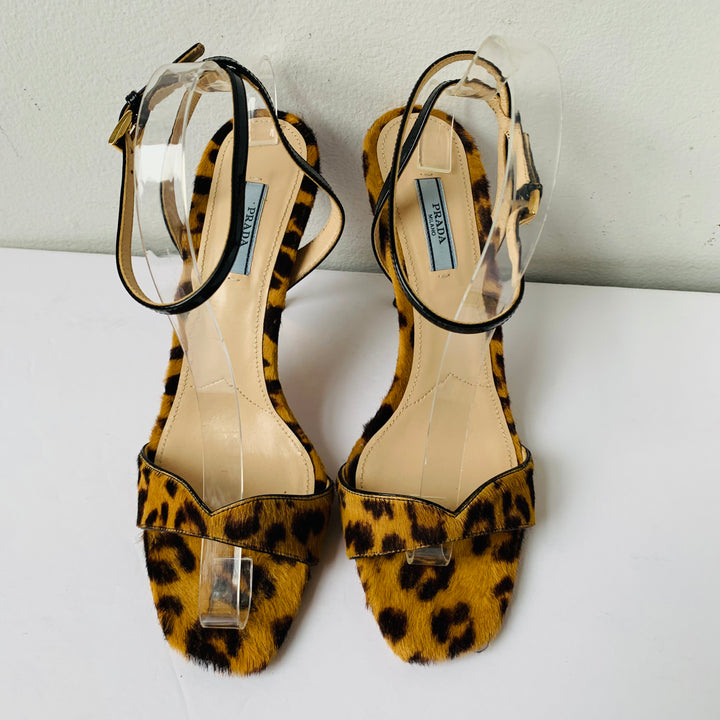 Prada Pony Hair Animal Print Strappy Peep Toe Sandal/Heels Size 40