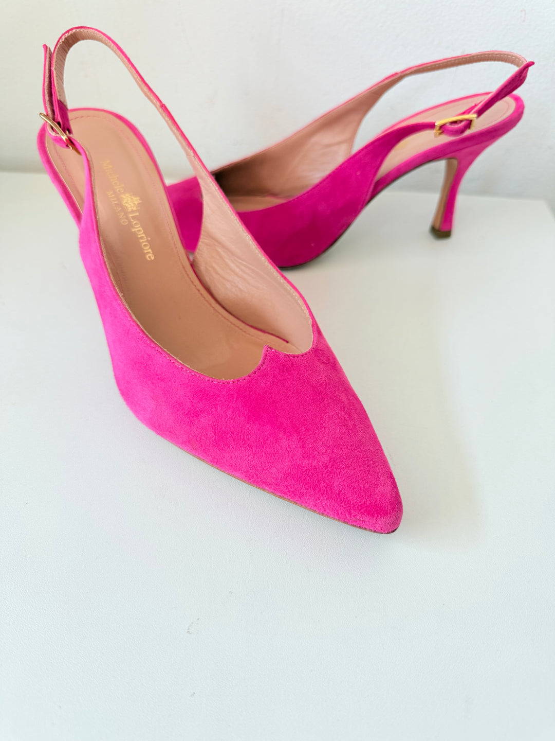 Michelle Lopriore Milano Pink Suede Heart Slingbacks Size 39