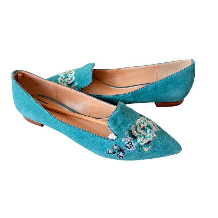 White House Black Market Ava Mineral Green Embroidered Flats Size 8 New In Box
