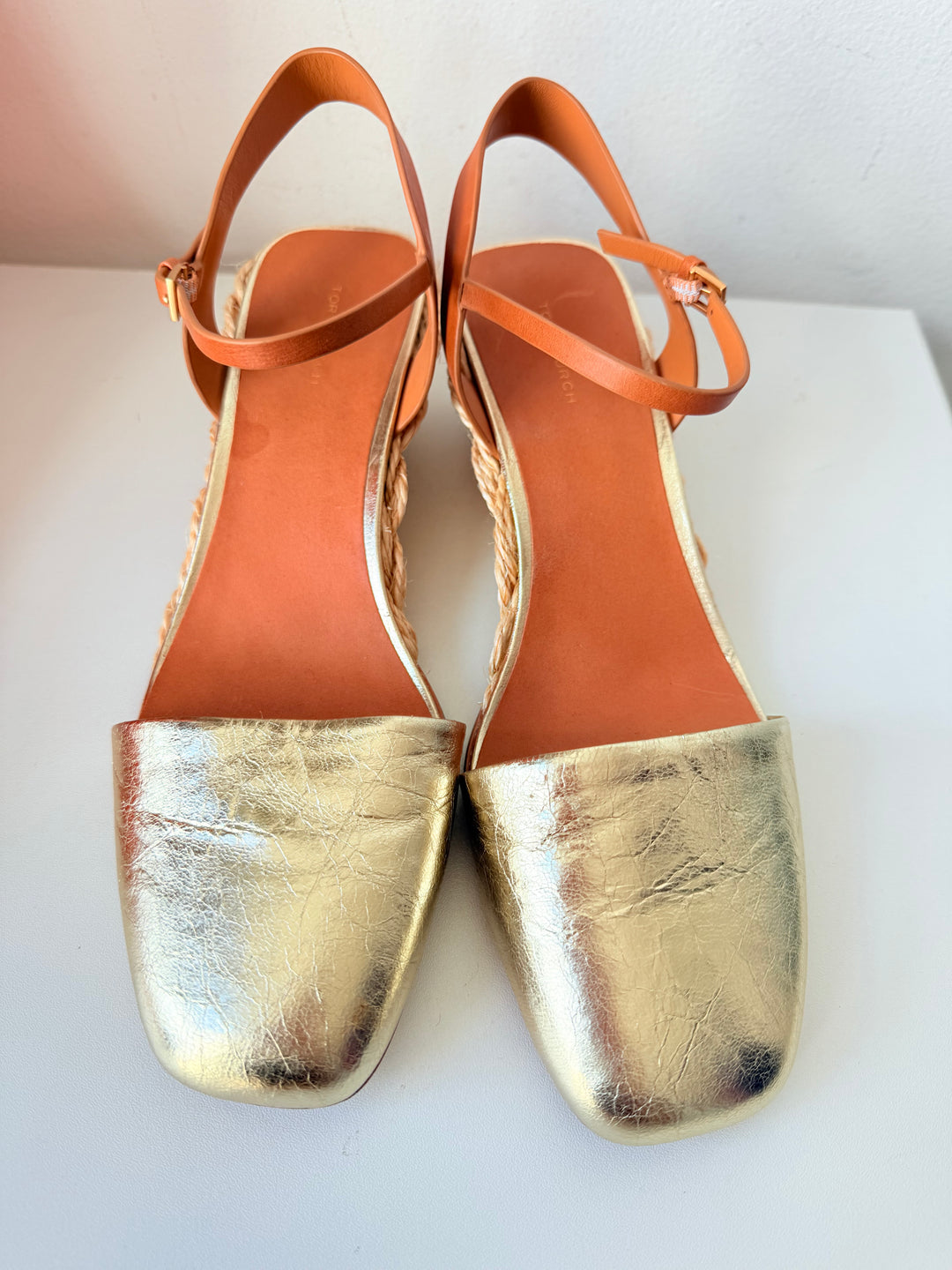 Tory Burch Gold Leather Metallic Basketweave Closed Toe Espadrille Size 10