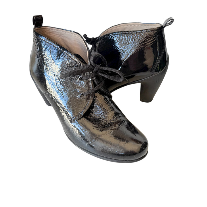 Ecco Black Patent Lace Up Heeled Boots Size 10