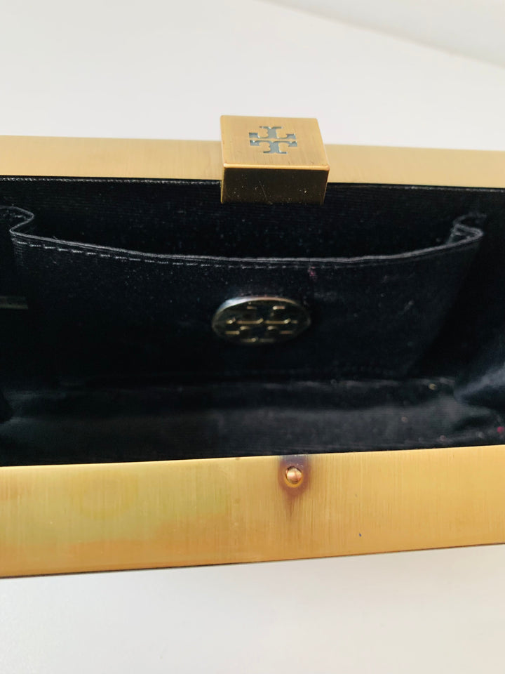 Tory Burch Box Brushed Gold Metal Sparkle Suede Clutch