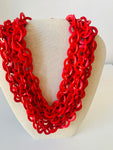 Red Wood Chunky Chain Triple Strand Necklace