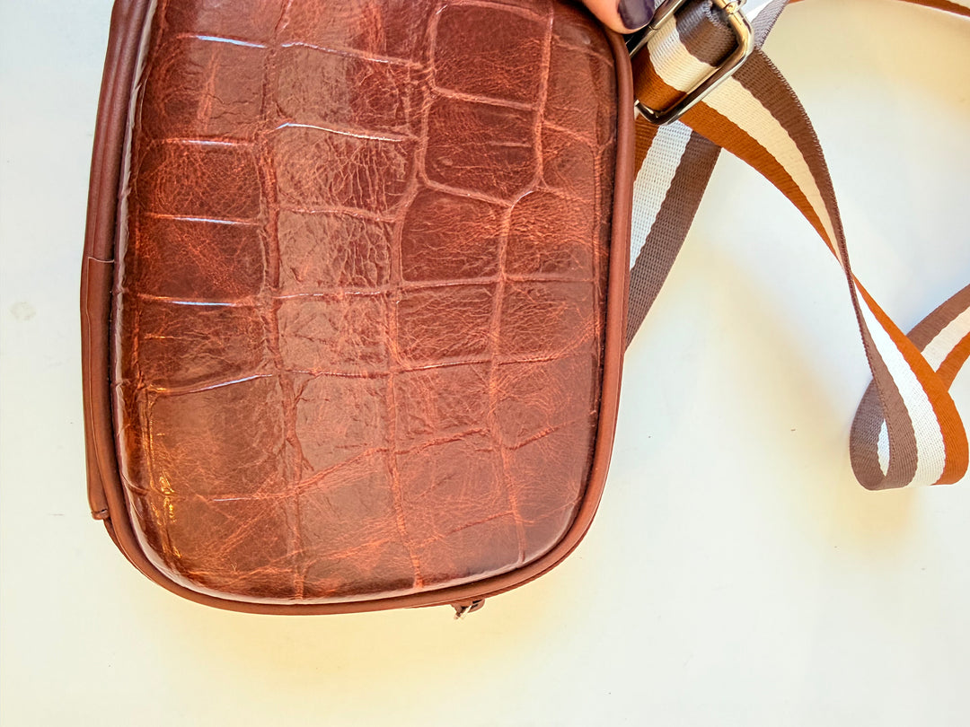 Brown Faux Croc Hard Case Leather Zip Crossbody