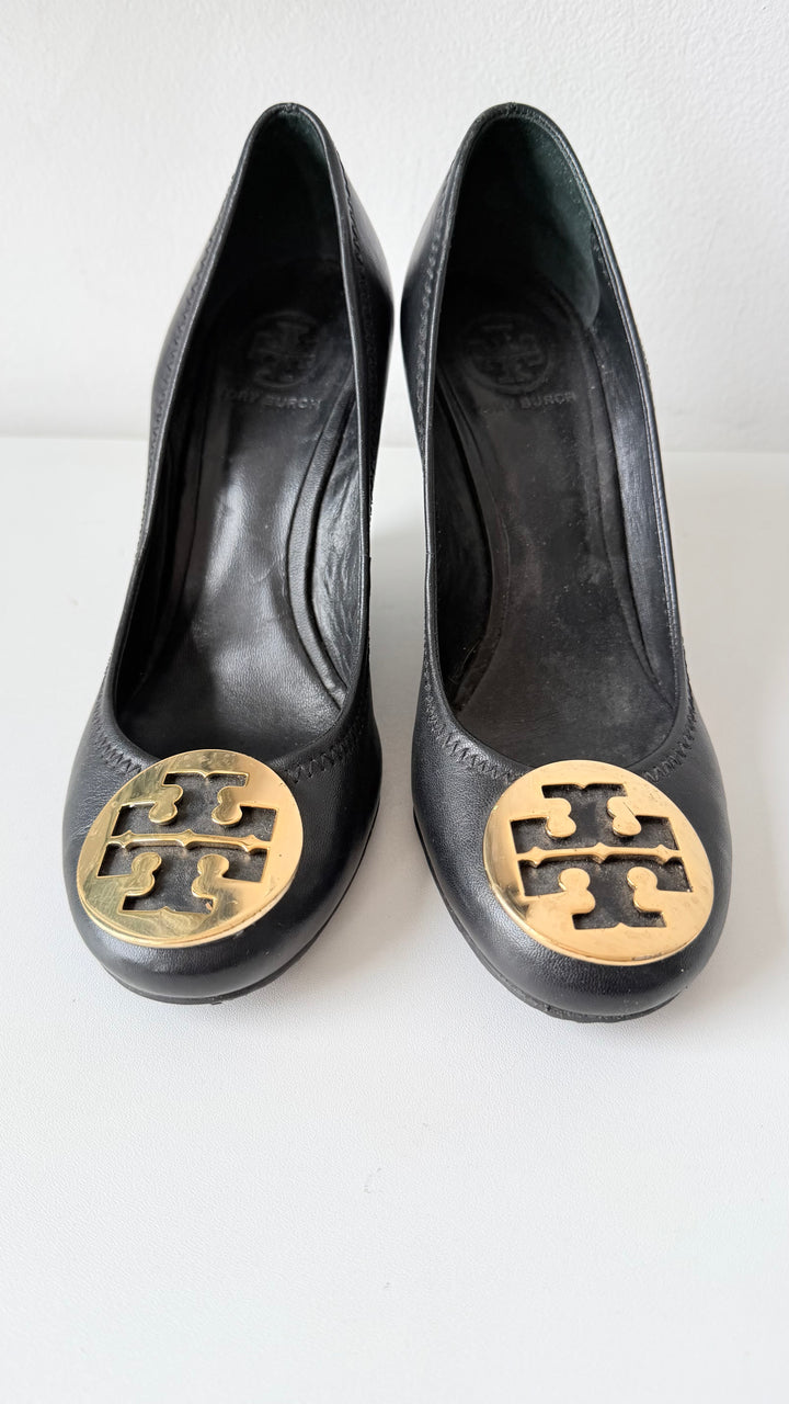 Tory Burch Sophie Black Leather Wedge Pumps Size 8.5