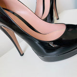 Gucci Vernice Crystal Black Patent Platform Peep Toe Pump Size 38