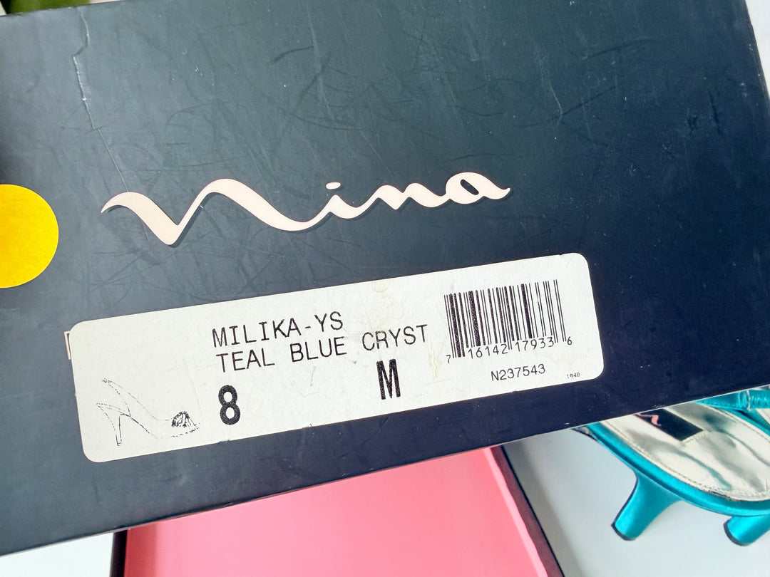Nina Teal Blue Milika Satin Crystal Embellished Peep Toe Heeled Slingbacks Size 8