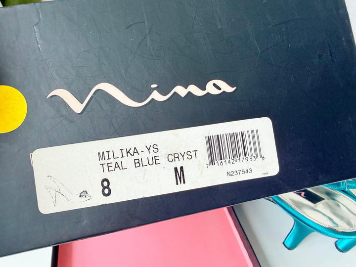 Nina Teal Blue Milika Satin Crystal Embellished Peep Toe Heeled Slingbacks Size 8