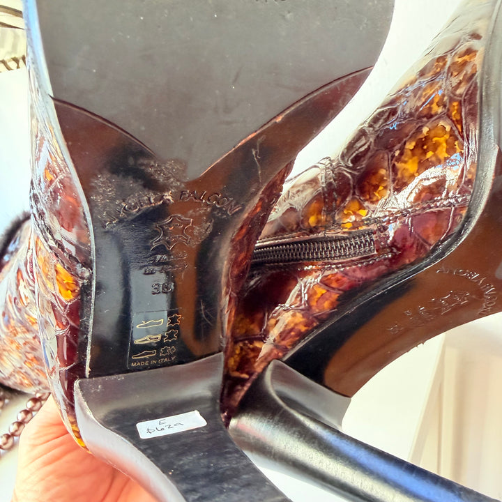 Angela Falconi Faux Patent Croc Knee Boots Size 38