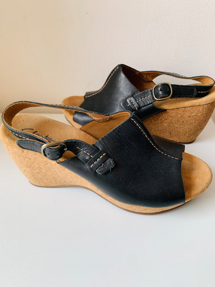 Clark’s Elements Black Leather and Cork Platform Sandals Size 8
