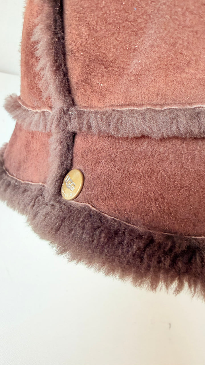UGG Bucket Brown Shearling Sheepskin Upflap Hat One Size