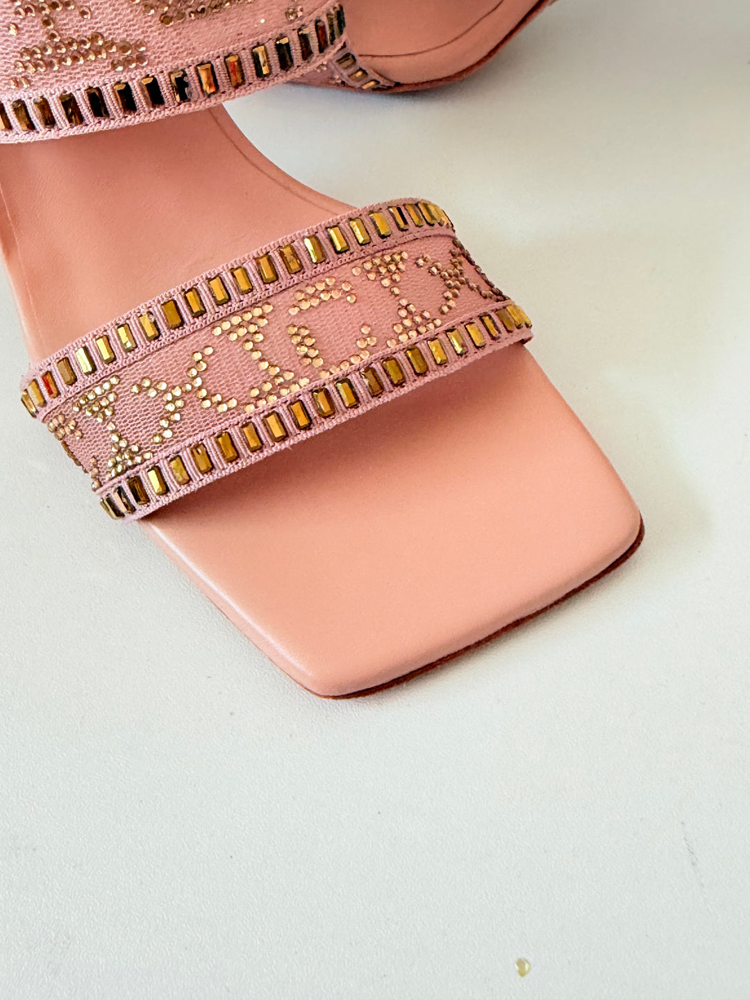 Camilla Alexia Embellished Slim Block Heel Mules In Nude/Pink Size 38
