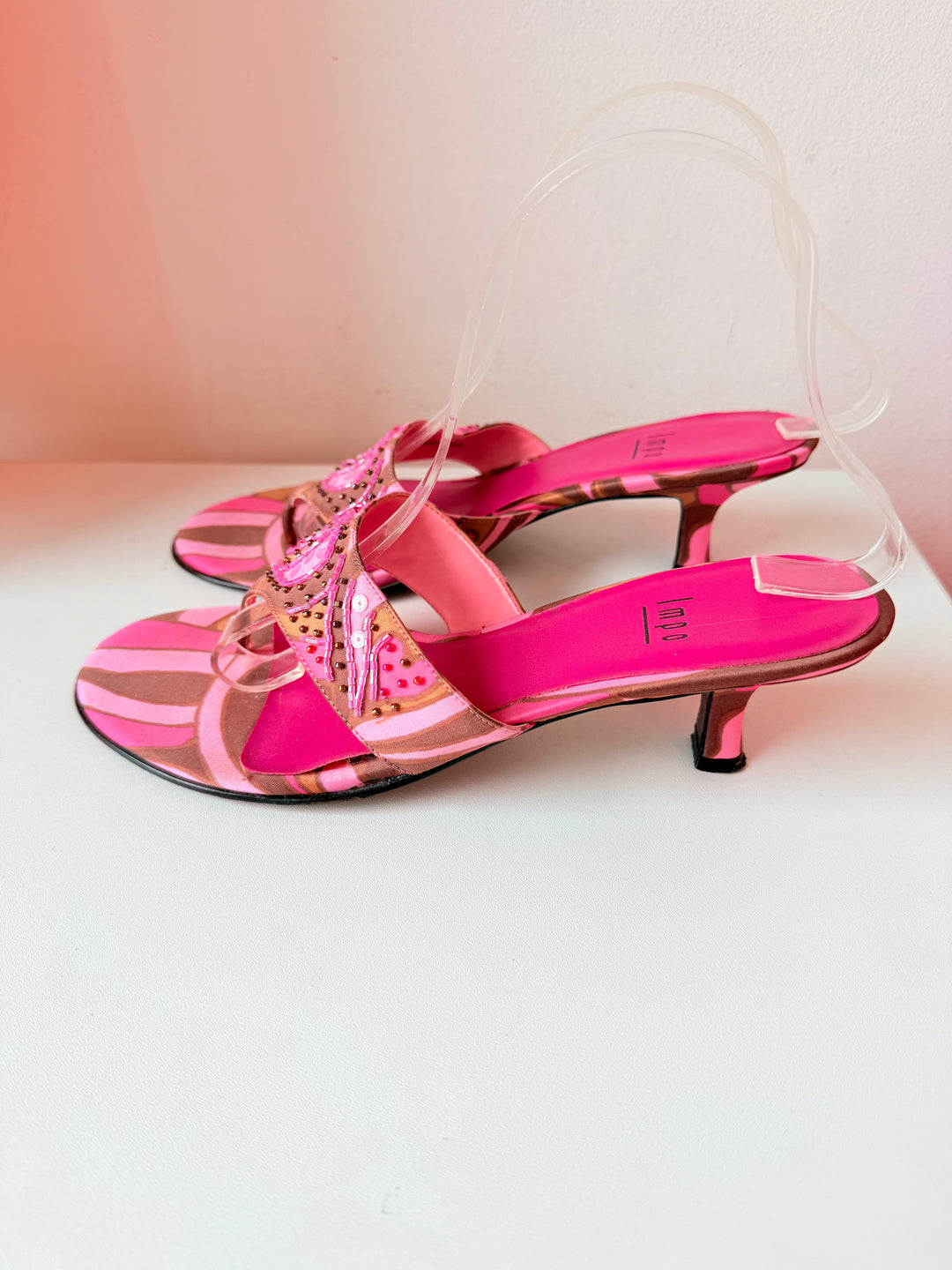 Vintage Impo Pink & Brown Sequin Thong Heeled Sandals Size 8.5