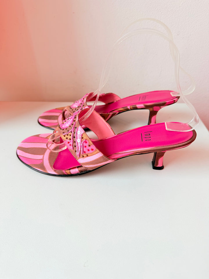 Vintage Impo Pink & Brown Sequin Thong Heeled Sandals Size 8.5