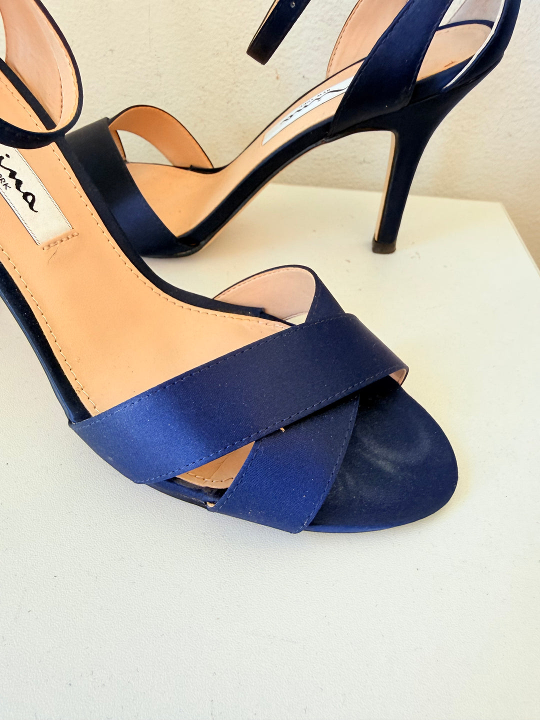 Nina Venus New Navy Satin Luster High Heel Ankle Strap Sandals Size 7M Women’s
